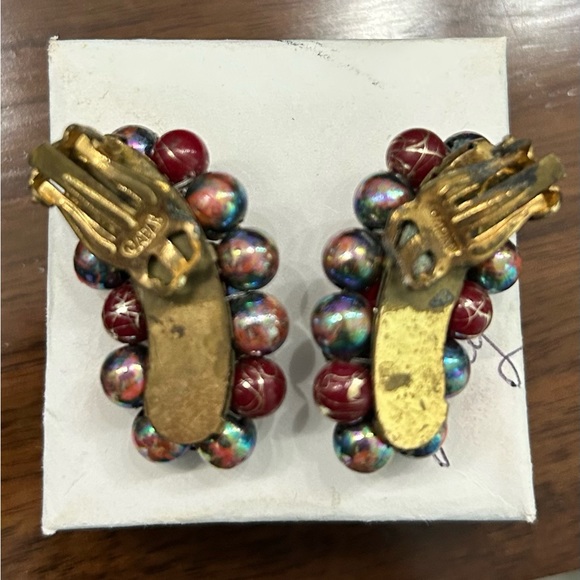 Vintage Red Climber Earrings Cluster Style Faux Pearl Crystal Clip On Earrings - Picture 2 of 4